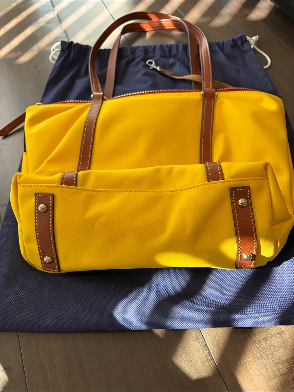 Dooney & Bourke Yellow Tote with Brown Leather Trim and Dual Carry Straps
